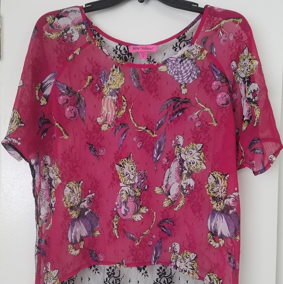 Betsey Johnson Hi Low Lacy Top w/ Cats Size Medium - Picture 2 of 8